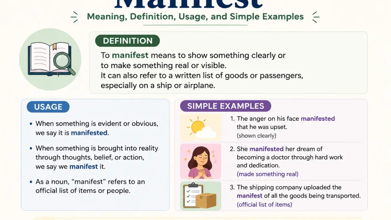 Manifest Meaning: Definition, Usage, and Simple Examples
