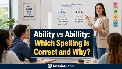 English teacher explaining the difference between ability and abillity in a modern classroom.