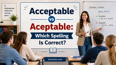 English teacher explaining acceptable vs aceptable spelling on a classroom whiteboard