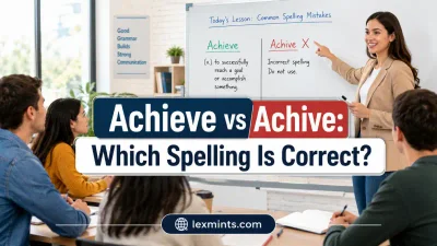 English teacher explaining the difference between achieve and achive to students in a modern classroom.