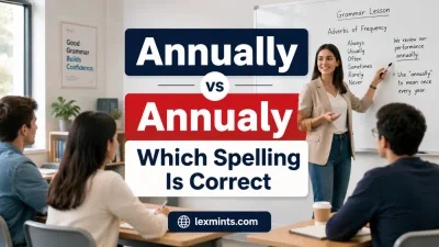 English teacher explaining annually vs annualy on a classroom whiteboard.