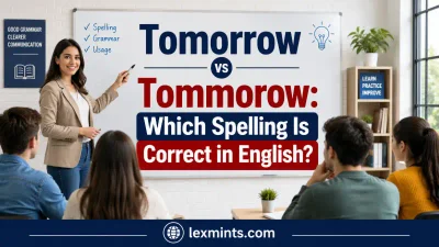English teacher explaining why tomorrow is correct and tommorow is incorrect in a bright classroom.
